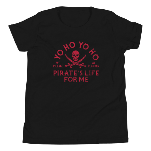 Black t-shirt with red pirate-themed text and skull design on a white background