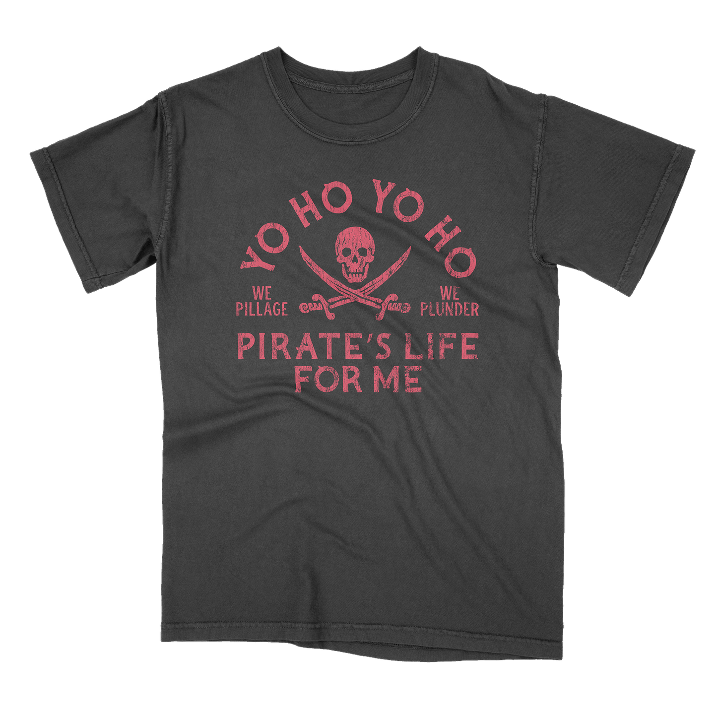 Black t-shirt with red pirate-themed text and skull design on a black background