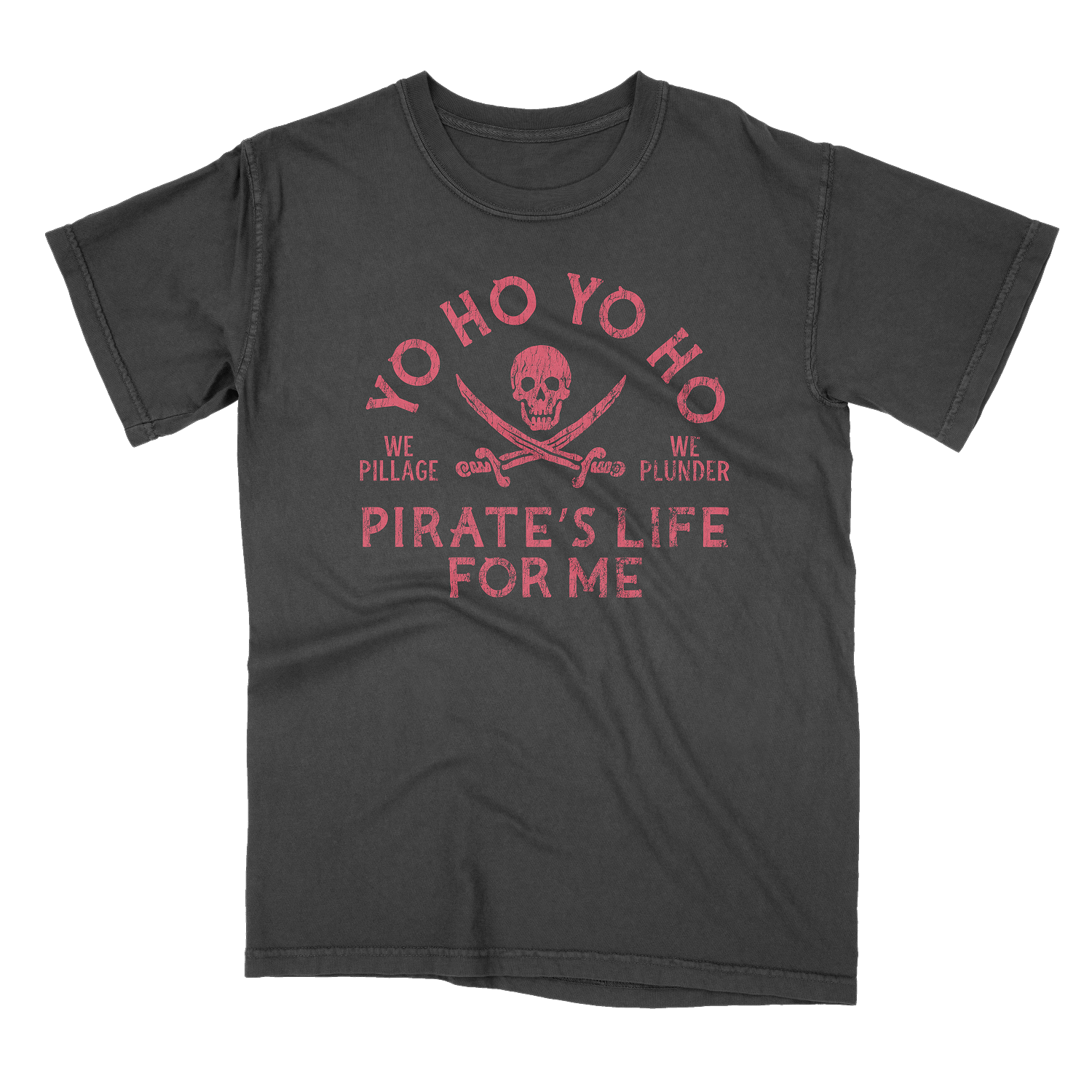 Black t-shirt with red pirate-themed text and skull design on a black background
