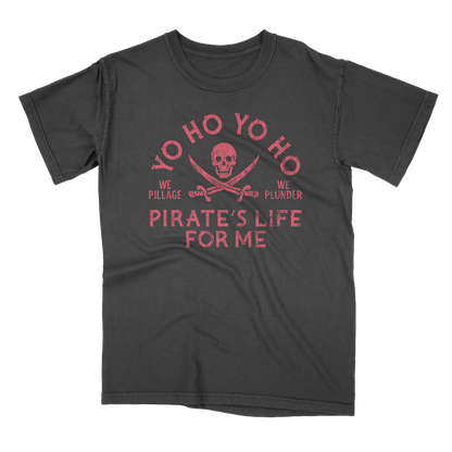 Black t-shirt with red pirate-themed text and skull design on a black background