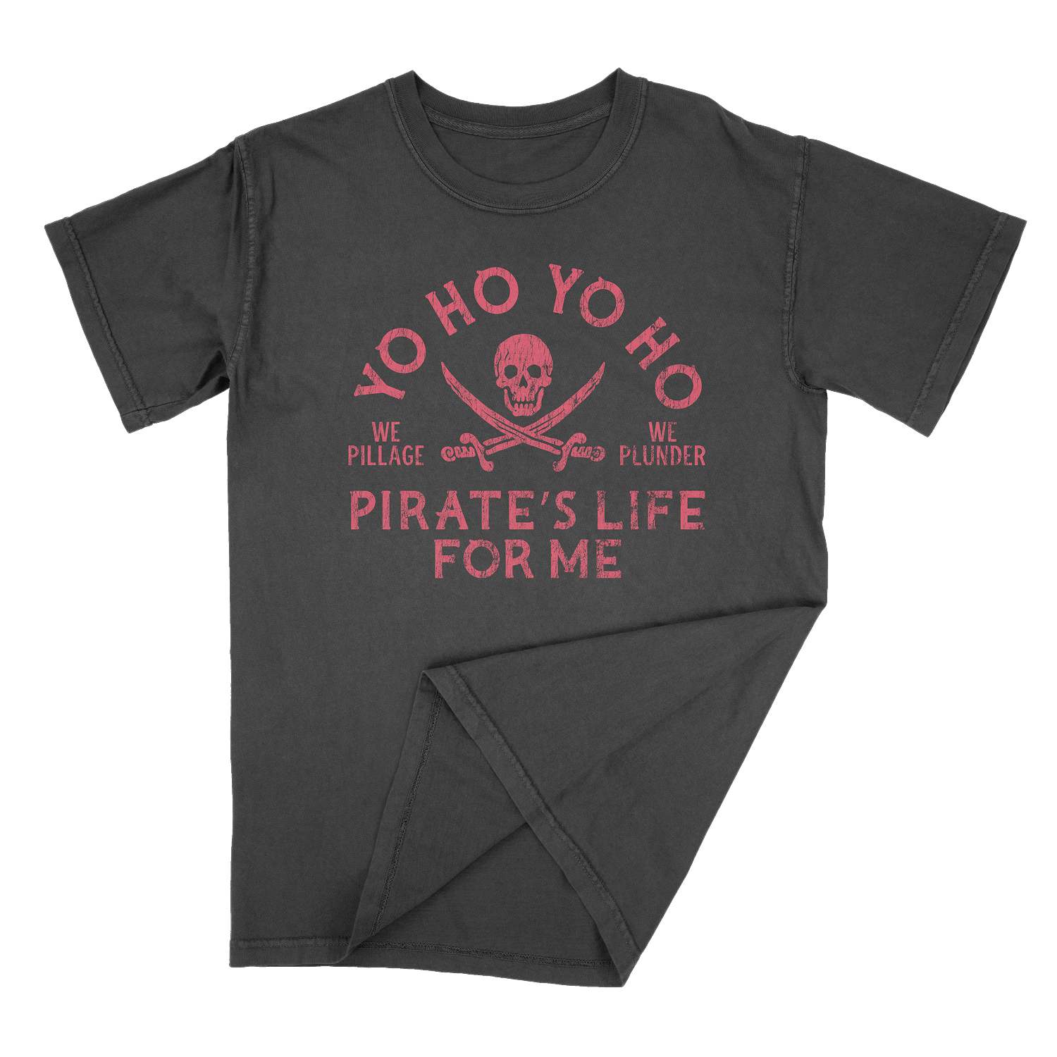 Dark gray t-shirt with red pirate-themed text and graphics on a black background