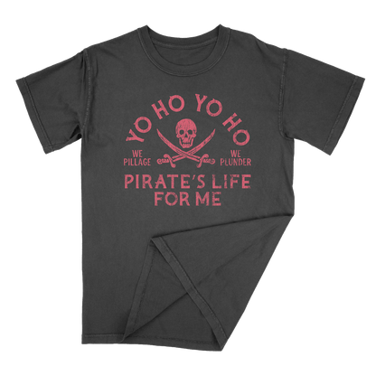 Dark gray t-shirt with red pirate-themed text and graphics on a black background