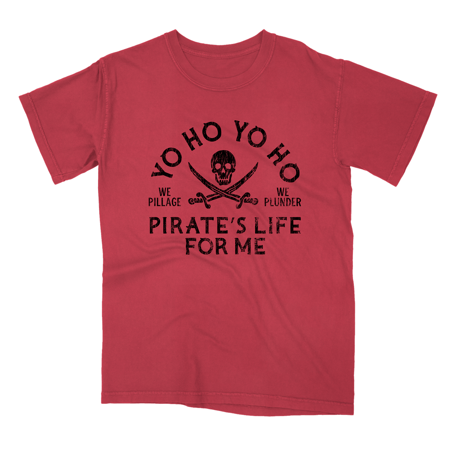 Red t-shirt with black pirate-themed text and graphics on a white background
