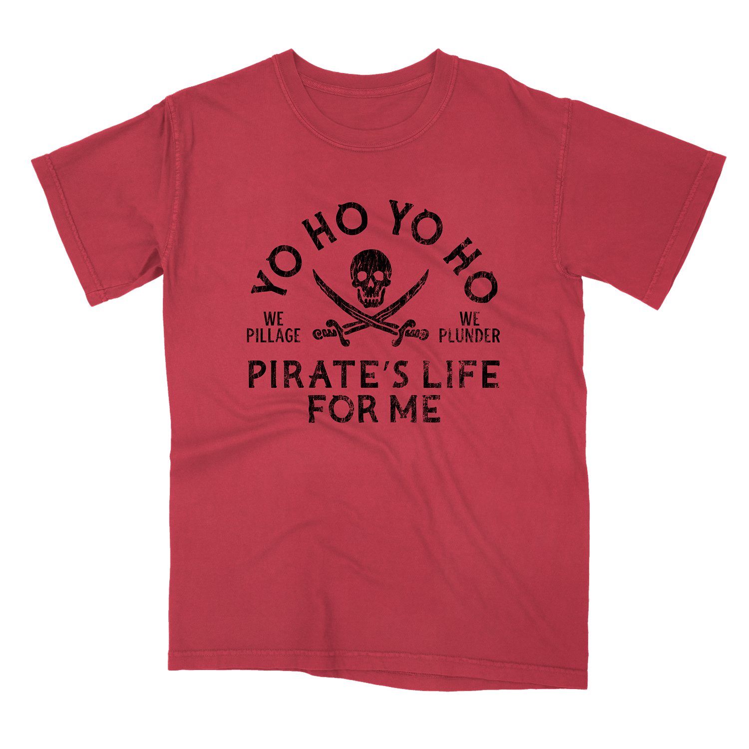 Red t-shirt with black pirate-themed text and graphics on a white background