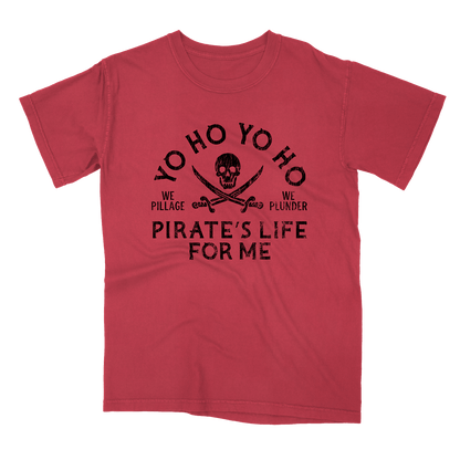 Red t-shirt with black pirate-themed text and graphics on a white background