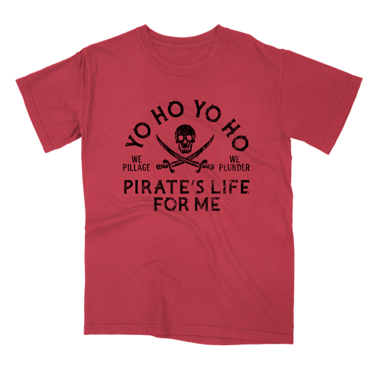 Red t-shirt with black pirate-themed text and graphics on a white background