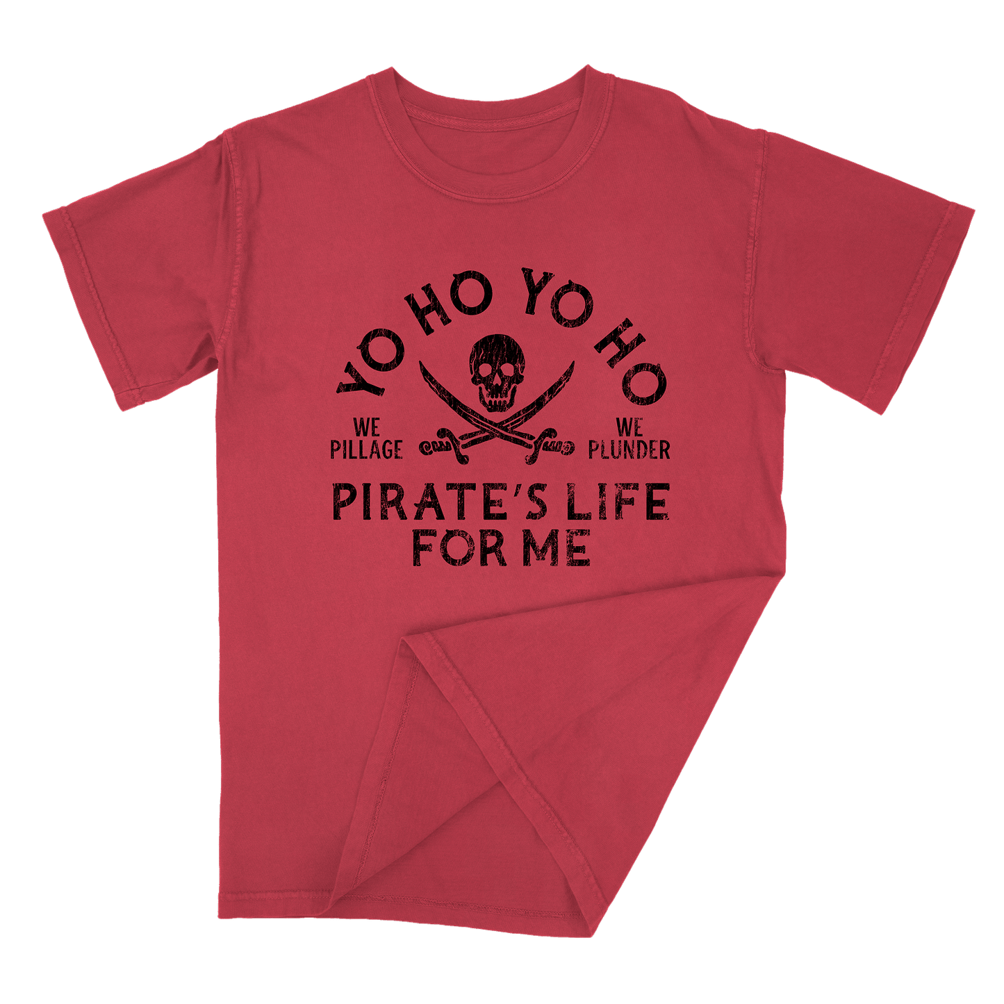 Red t-shirt with black pirate-themed text and graphics on a white background