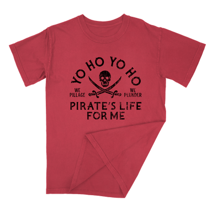 Red t-shirt with black pirate-themed text and graphics on a white background
