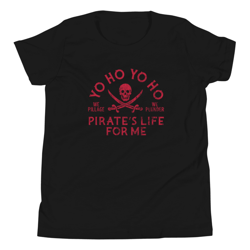 Black t-shirt with red pirate-themed text and skull design on a white background