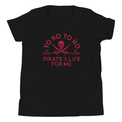 Black t-shirt with red pirate-themed text and skull design on a white background