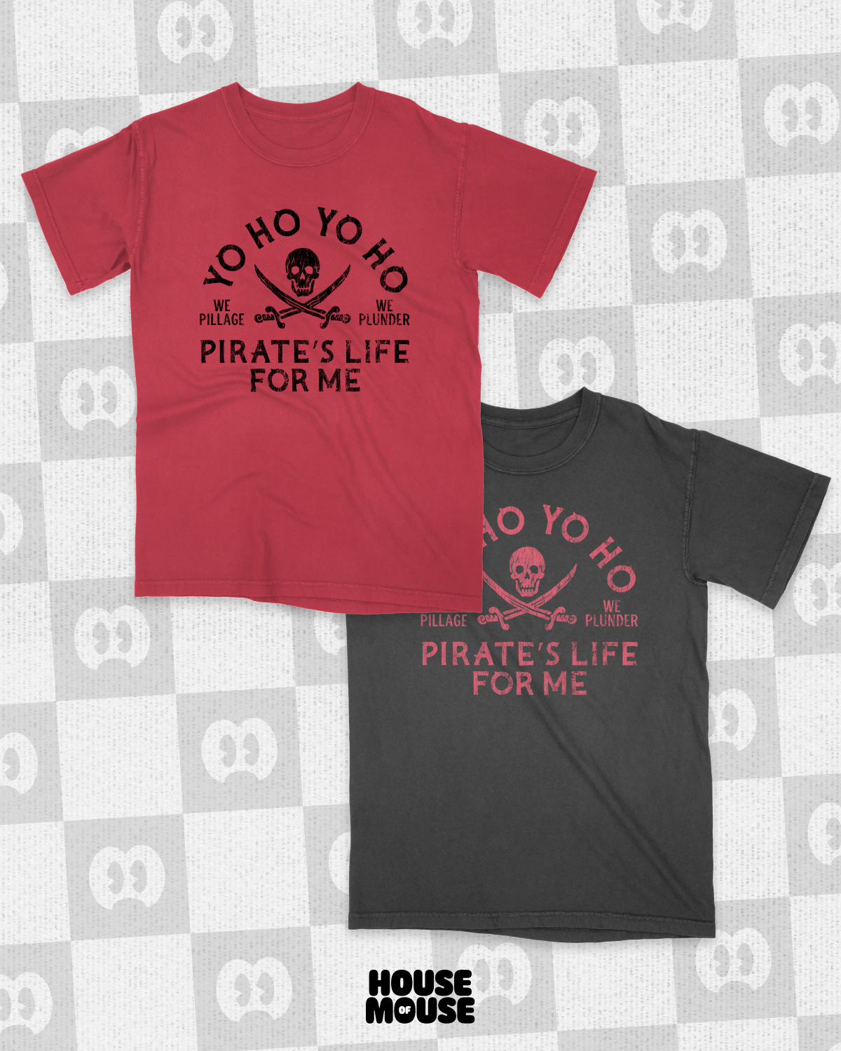 Red and black t-shirt with 'Pirate's Life For Me' design on a checkered background.