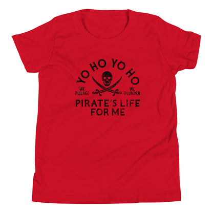 Red t-shirt with black pirate-themed text and skull design on a white background
